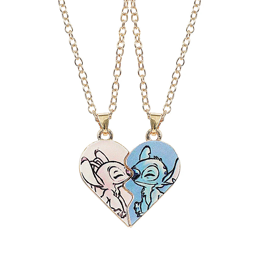 Disney-Stitch Heart Necklace for Couple, Gold and Silver Color, Angel and Stitch