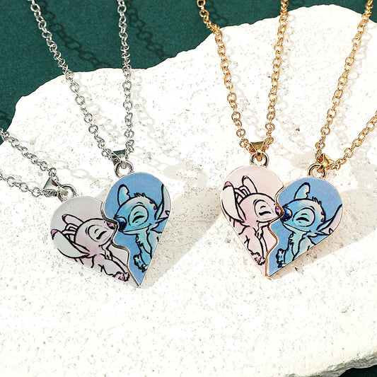 Disney-Stitch Heart Necklace for Couple, Gold and Silver Color, Angel and Stitch