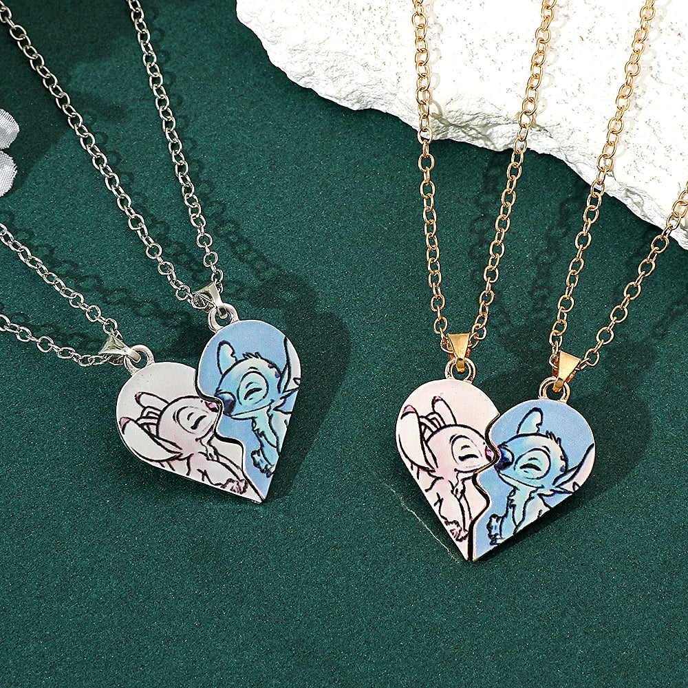 Disney-Stitch Heart Necklace for Couple, Gold and Silver Color, Angel and Stitch