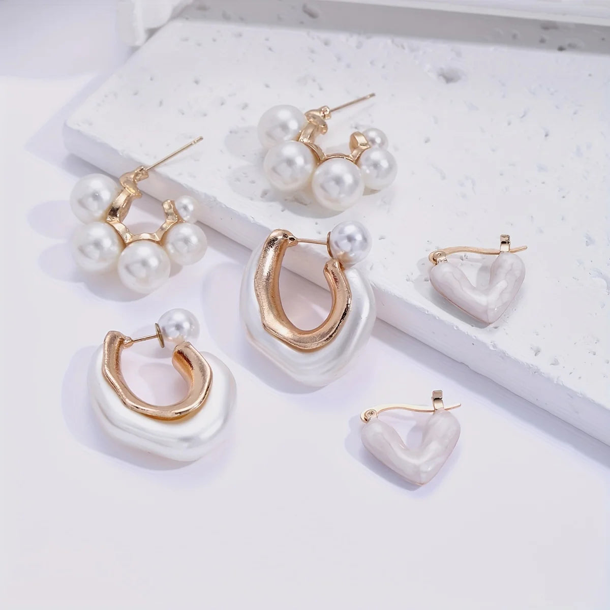 3PCS Pearl Heart Design Hoop Earrings