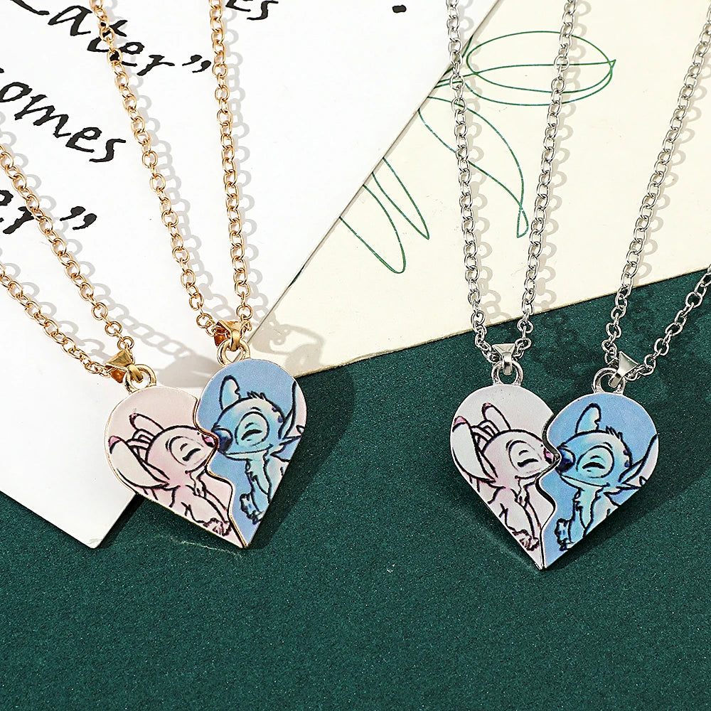 Disney-Stitch Heart Necklace for Couple, Gold and Silver Color, Angel and Stitch