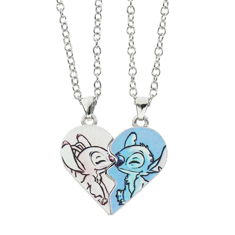 Disney-Stitch Heart Necklace for Couple, Gold and Silver Color, Angel and Stitch